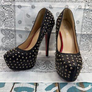 JOJO Cat Gold Studded Black High Heel W/Red Bottoms Womans Size 35